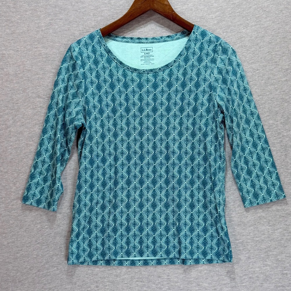 L.L.Bean 3/4 Sleeve Top Womens S Petite Teal Green Geometric Cotton Shirt